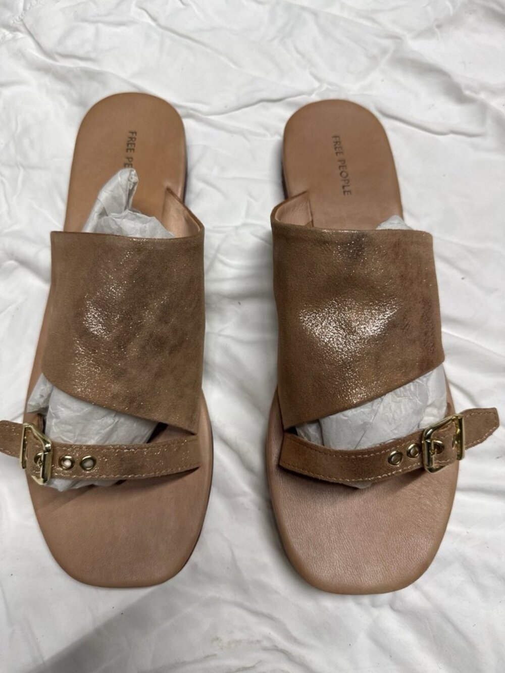 Free People Women's Beige Leather Slide Sandals